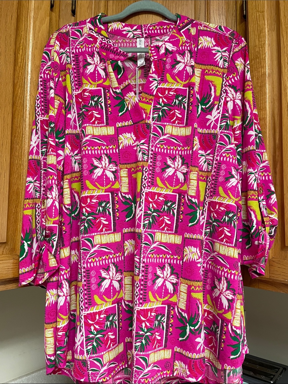Dear Scarlett Women’s Pink Tropical Print V-Neck Tunic Top Wrinkle Free XL